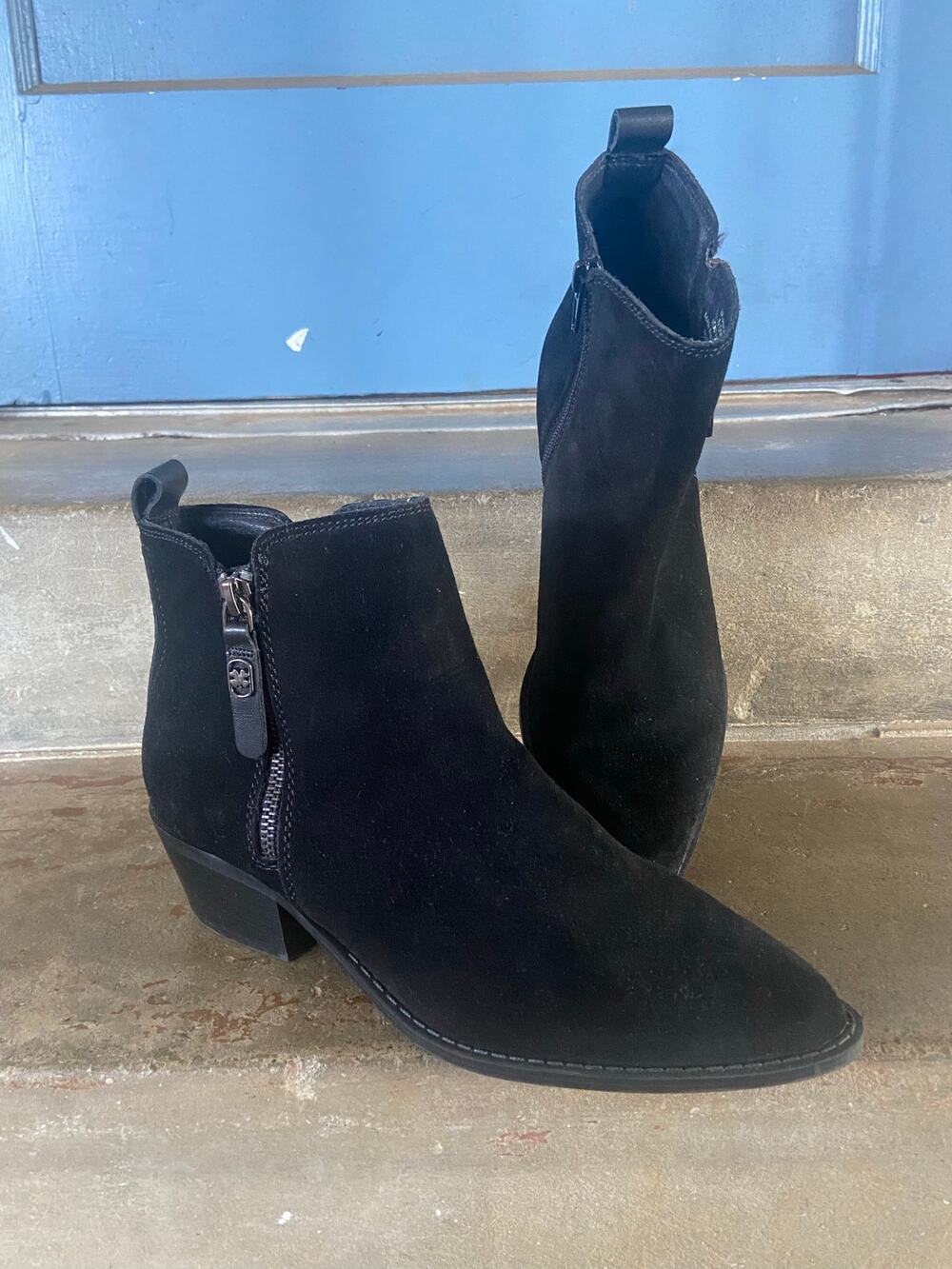 Lucky Brand Anurla black suede pointy toe ankle boot with side zipper